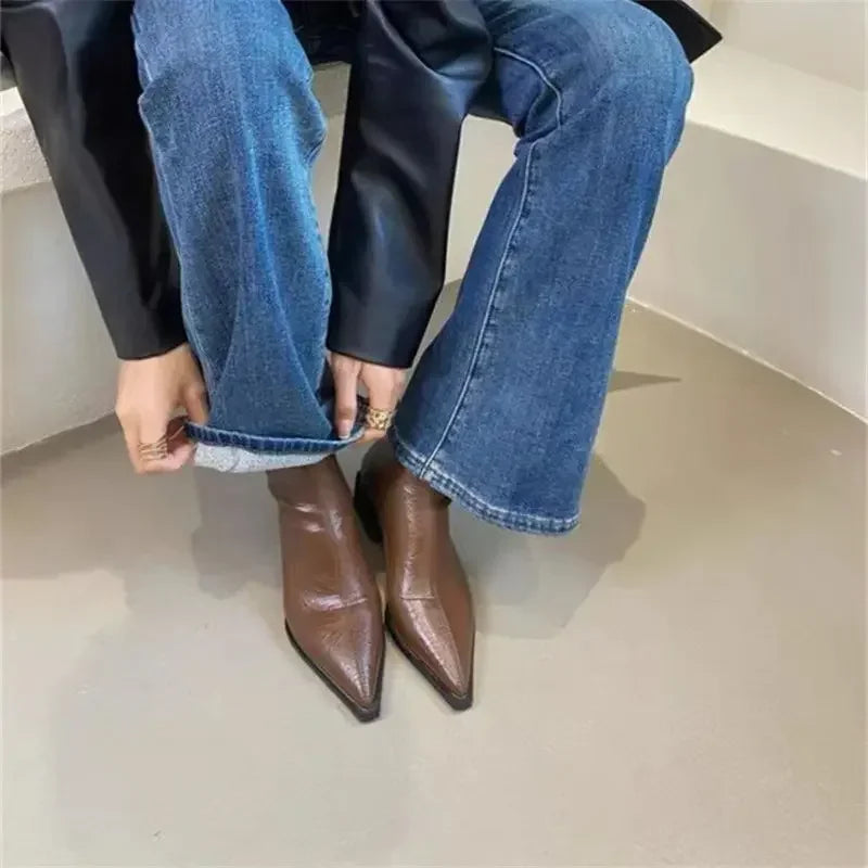 Pointed Toe Women Slim Ankle Boots Fashion Square Low Heel Ladies Elegant Back Zippers Short Booties Women's Footwear