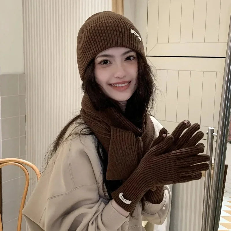 Solid Color Touch Screen Gloves Women Korean Autumn Winter Warm Knitted Three-piece Set Scarves Gloves Hat Women's Glove Sets
