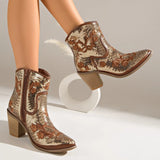 Women Pointed Toe Sequins Embroidery Western Cowboy Ankle Boots, Side Zipper Block Heel Autumn Y2K Fashion Short Heeled Booties