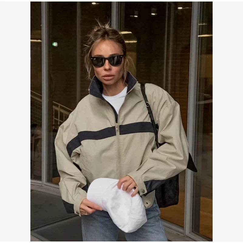 Women's Jackets Beige Black Zip Collar Crop Jacket Lapel Loose Streetwear Spring Autumn Chic Sports Outfits Short Coats 2026 New