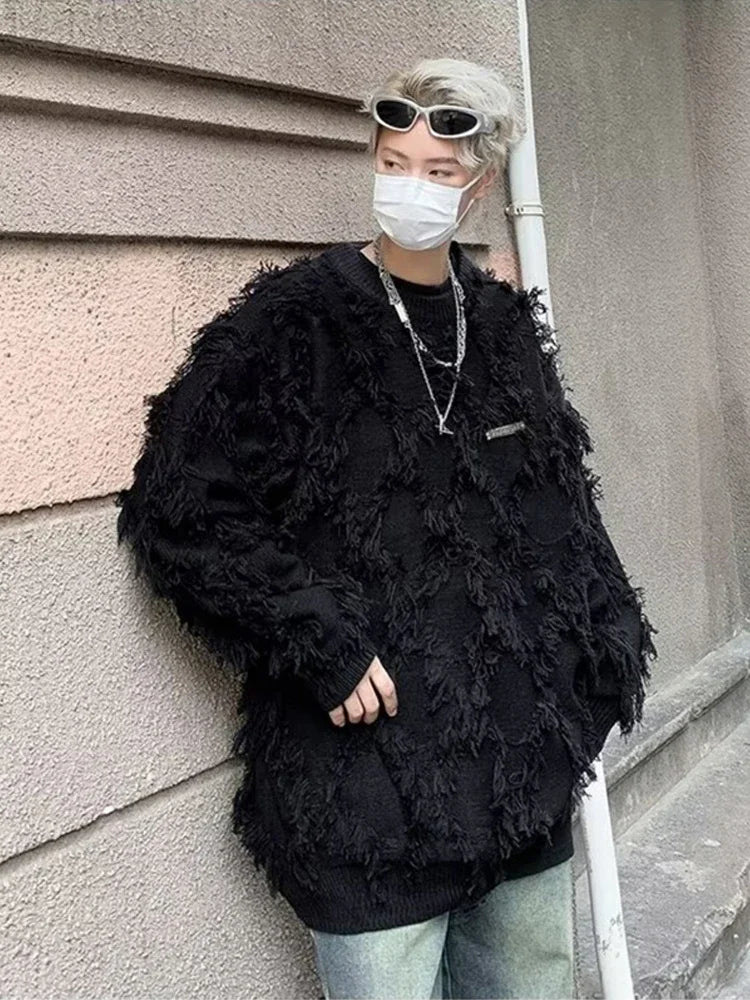 Winter Ripped Fringe Raw Edge Sweater For Men Hip Hop Fashion Knitted Pullovers Y2K Vintage Streetwear Knitwear Jersey Clothes