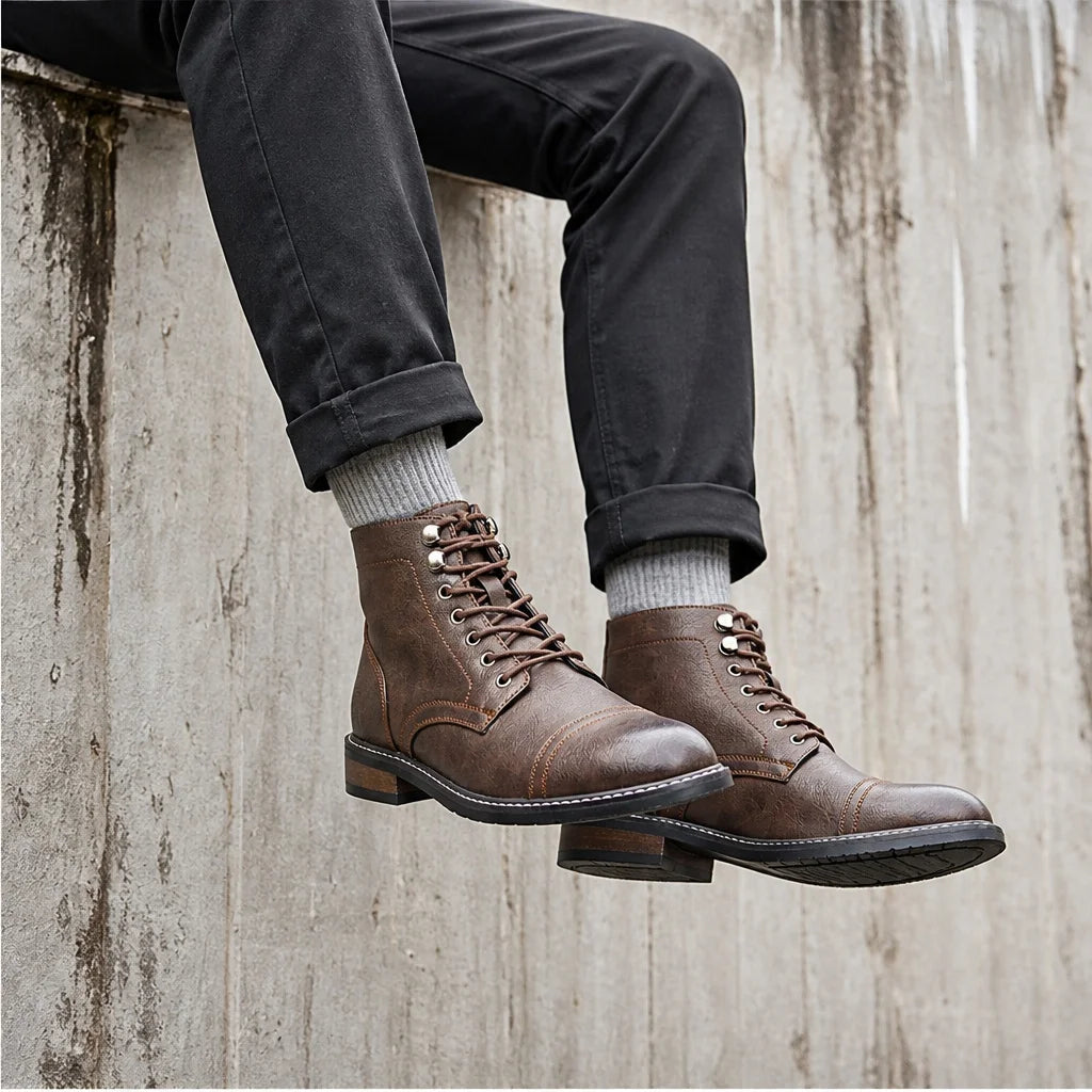 CAPTAIN ANKLE BOOTS Men's Vintage Combat Boots Lace-Up Cap Toe Ankle BOOTS