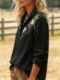 2026 New Fashion Trend Women's Embroidered Shirt, Bohemian Style with Floral and Botanical Embroidery, Loose Long-Sleeve Stand-Up Collar Shirt, Perfect for Spring and Autumn Outings and Casual Wear