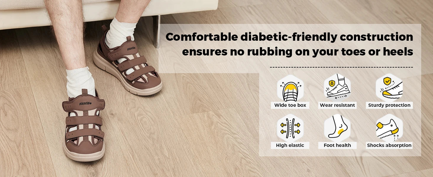 FitVille Summer Men's Wide Width Casual Diabetic Sandals, Lightweight Open Toe Sandals Built-in Arch Support, Effective Foot Pain Relief for Plantar Fasciitis, for Wide & Swollen Feet
