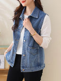 Faionable Embroidered Letter Denim Vest Women's Spring Summer New Sle Svel oulder Pad Thin Outerwear  Collar ...