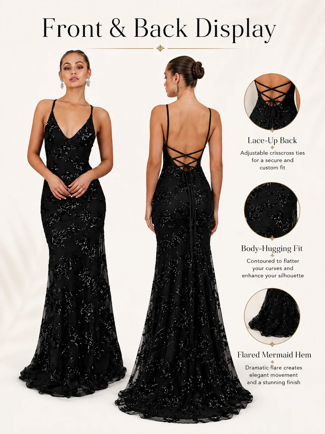 Sexy Sequin Floral Mermaid Evening Gown for Women Deep V Neck Spaghetti Strap Formal Prom Dress Floor Length Tulle Wedding Guest Party Ball Gown