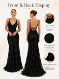 Sexy Sequin Floral Mermaid Evening Gown for Women Deep V Neck Spaghetti Strap Formal Prom Dress Floor Length Tulle Wedding Guest Party Ball Gown