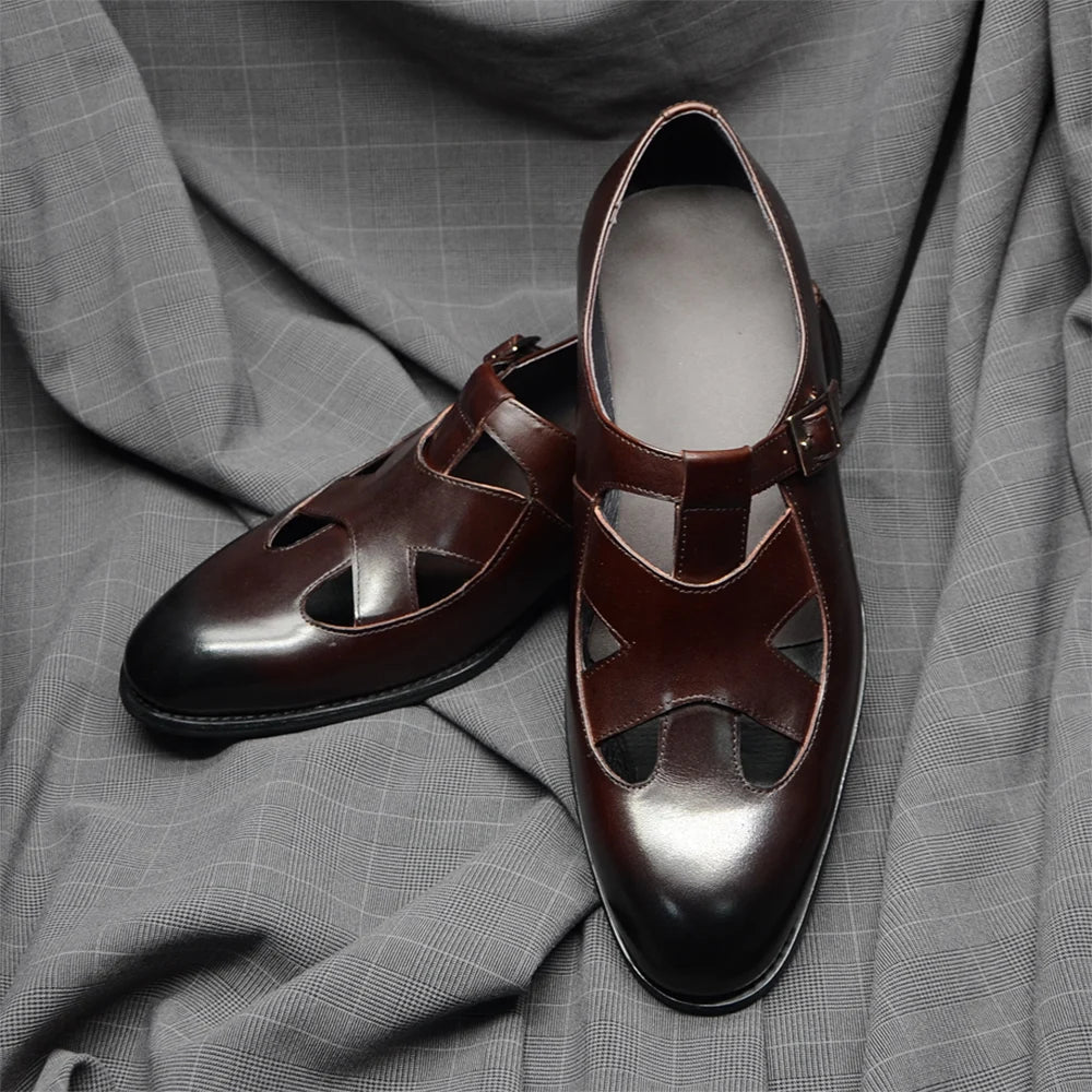 Genuine Leather Mens Classic Summer Dress Sandals Buckle Strap Black Brown Closed Toe Business Party Casual Formal Shoes for Men