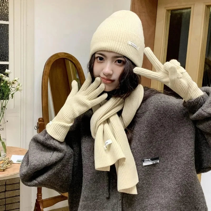 Solid Color Touch Screen Gloves Women Korean Autumn Winter Warm Knitted Three-piece Set Scarves Gloves Hat Women's Glove Sets