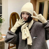 Solid Color Touch Screen Gloves Women Korean Autumn Winter Warm Knitted Three-piece Set Scarves Gloves Hat Women's Glove Sets