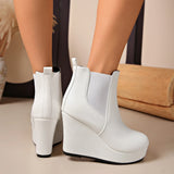 Women Platform Wedge Heel Chelsea Ankle Boots, Elastic Side Slip‑On Faux Leather Solid Color Spring Autumn Casual Short Booties