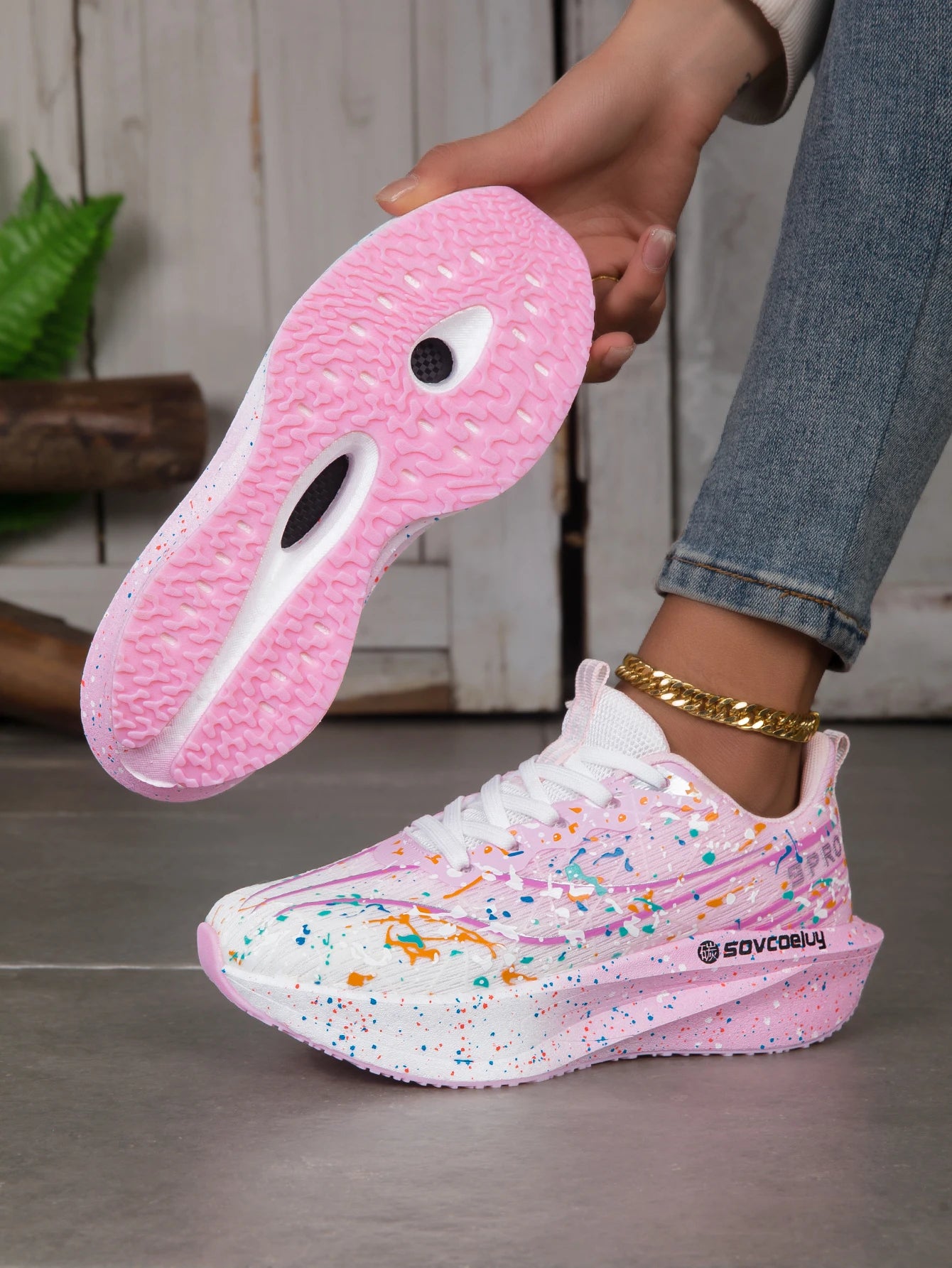 Women Splatter Paint Gradient Running Sneakers Breathable Flying Weave Mesh Lightweight Shock Absorb Non Slip Fashion Athletic Walking Sport Shoes