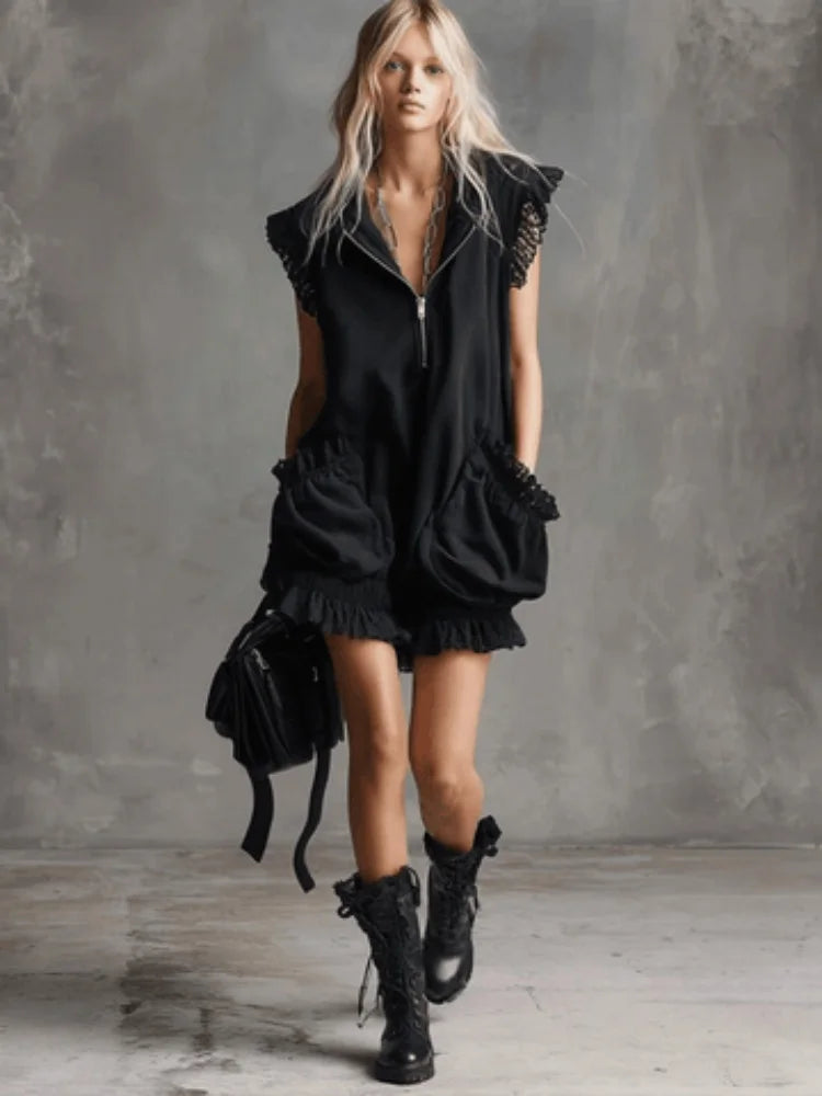 Stand Collar Half Zip Sleeveless Loose Mini Dress Lace Trim Pocket Ruffle Hem Dress For Women Street Punk Daily Trendy Outfit