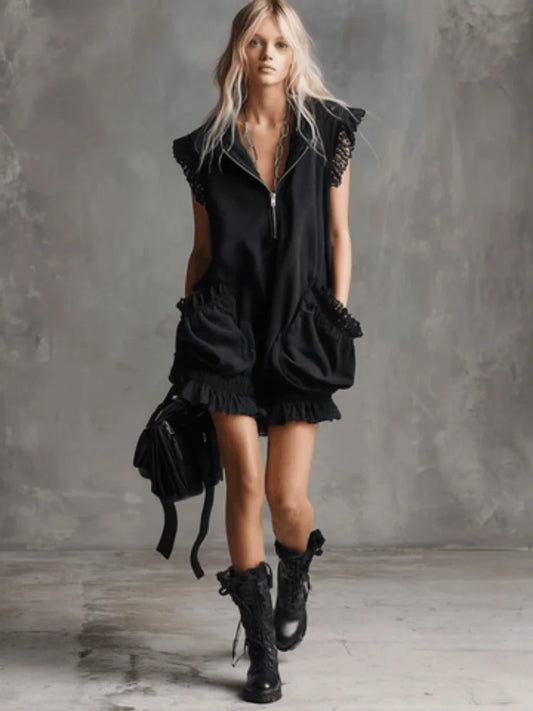 Stand Collar Half Zip Sleeveless Loose Mini Dress Lace Trim Pocket Ruffle Hem Dress For Women Street Punk Daily Trendy Outfit