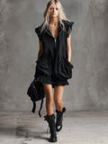 Stand Collar Half Zip Sleeveless Loose Mini Dress Lace Trim Pocket Ruffle Hem Dress For Women Street Punk Daily Trendy Outfit