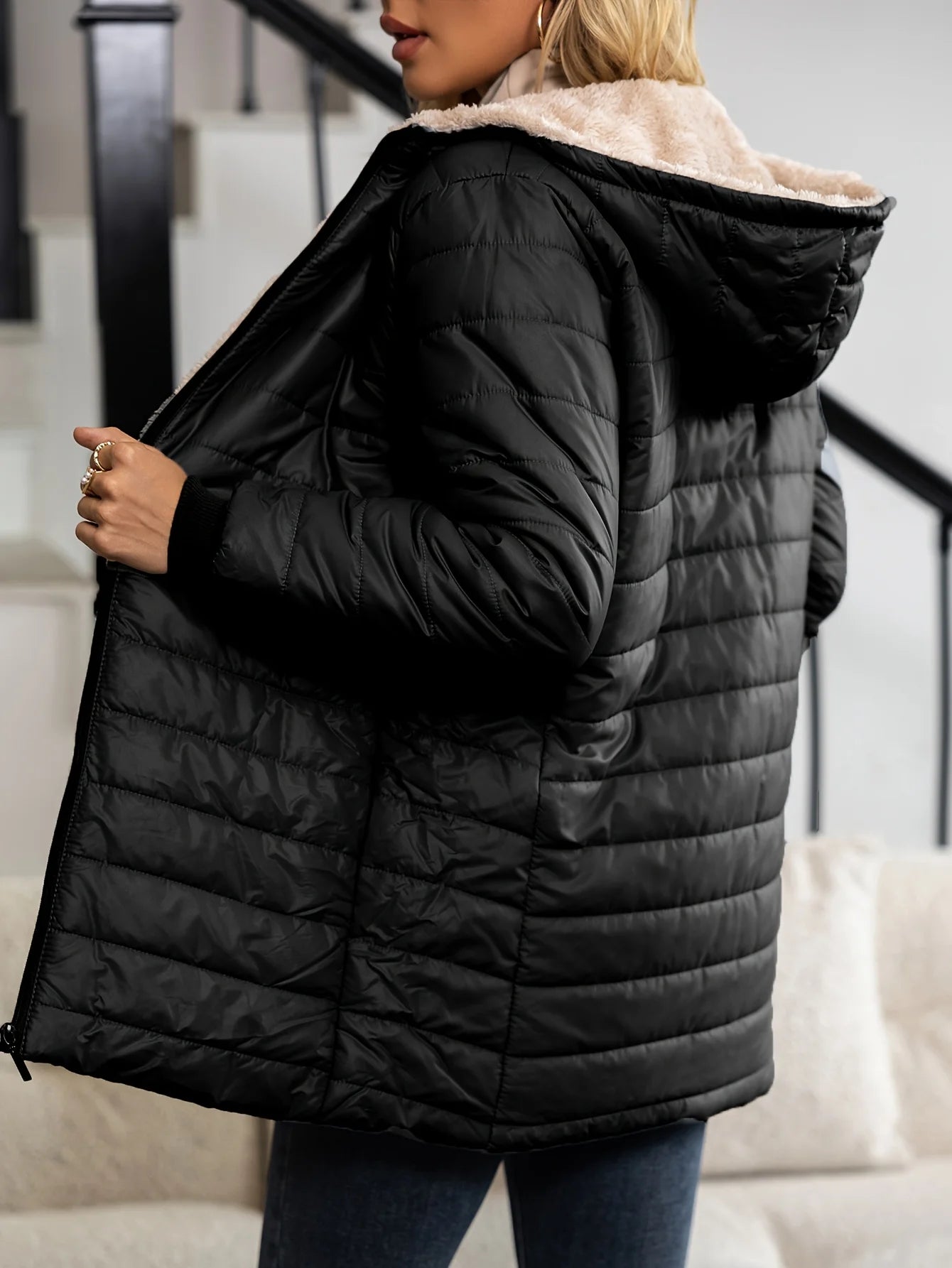 Autumn and Winter New Mid Autumn Long Hooded Cotton Jacket with Fleece for Warmth, Women's Coat