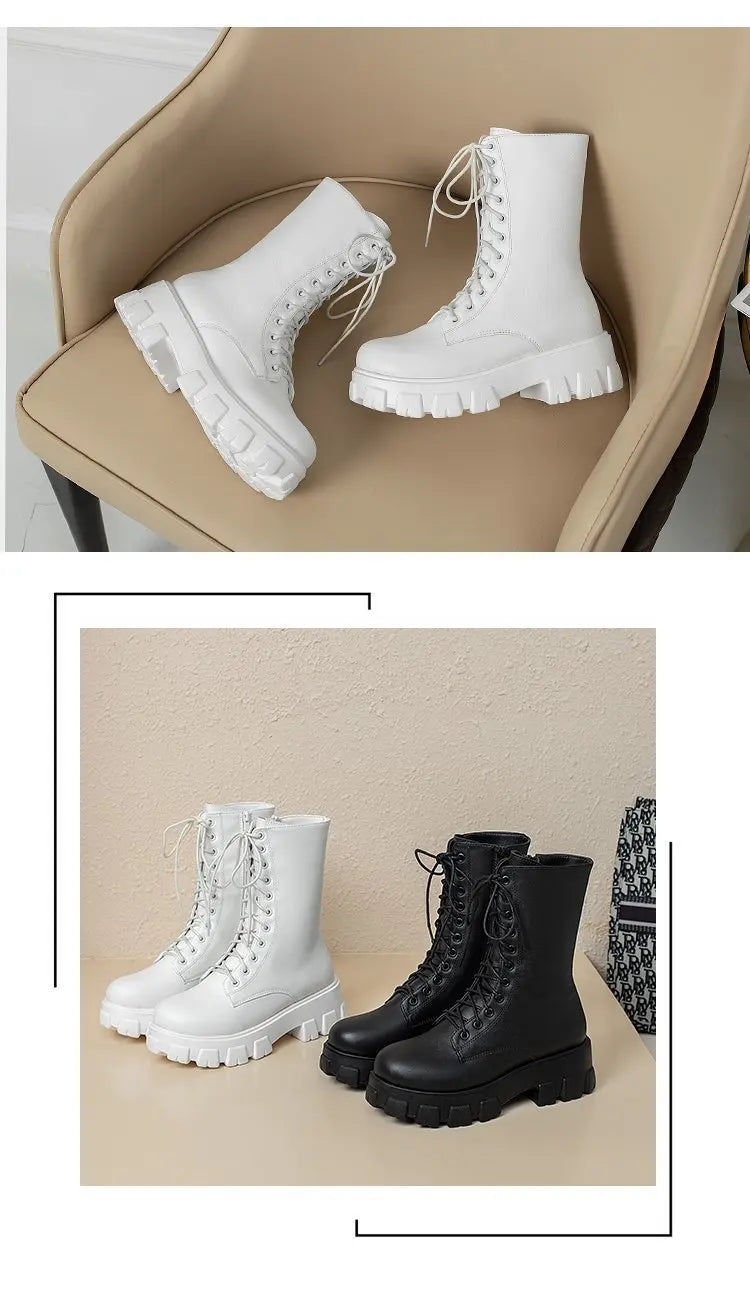 Platform Women's Ankle Boots Autumn 2023 Black White Thick Bottom Motorcycle Botas Mujer Pu Leather Non-Slip Combat Boots Women