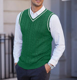 New Men's Knit V-Neck Sweater Vest Contrast Color Stripe Design Sleeveless Knitted Pullover Sweaters Men Smart Casual Waistcoats