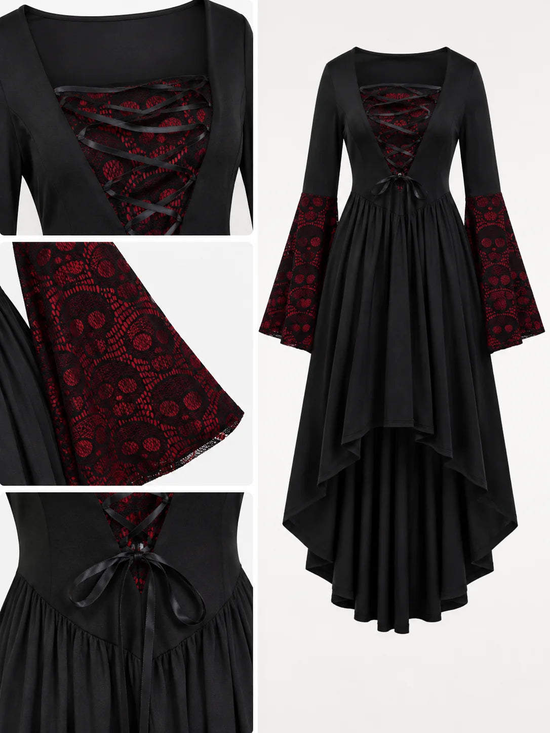 Women Gothic Medieval Dress Skull Lace Bell Long Sleeve Lace Up Front High Low Midi Dress Vintage Renaissance Witch Costume Halloween Cosplay Party Dress