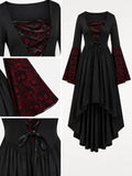 Women Gothic Medieval Dress Skull Lace Bell Long Sleeve Lace Up Front High Low Midi Dress Vintage Renaissance Witch Costume Halloween Cosplay Party Dress