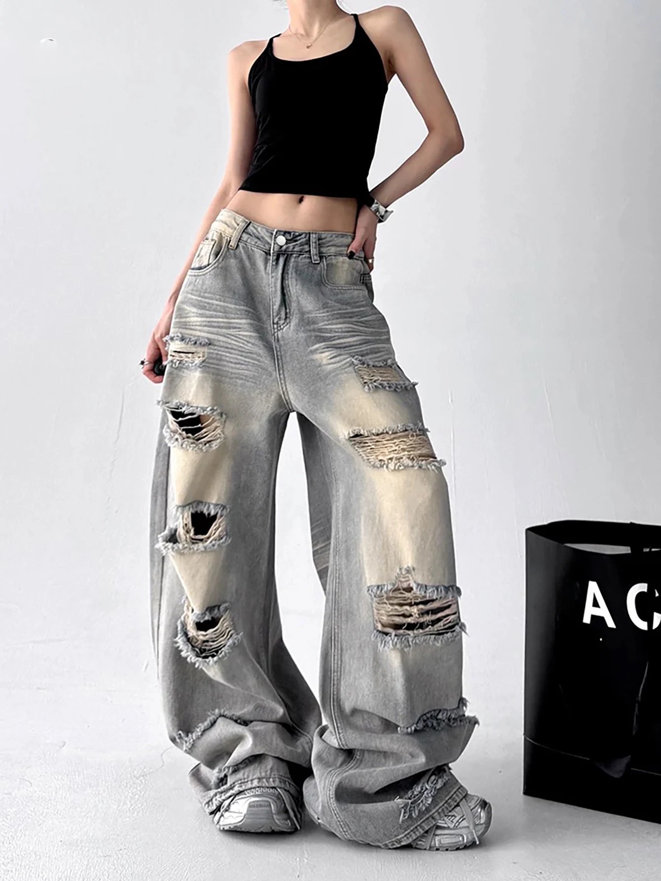 American Vintage Trend Ripped Frayed  Baggy Jeans Women Y2K Street-Style Distressed Design Fashionable Versatile Wide-Leg Pants