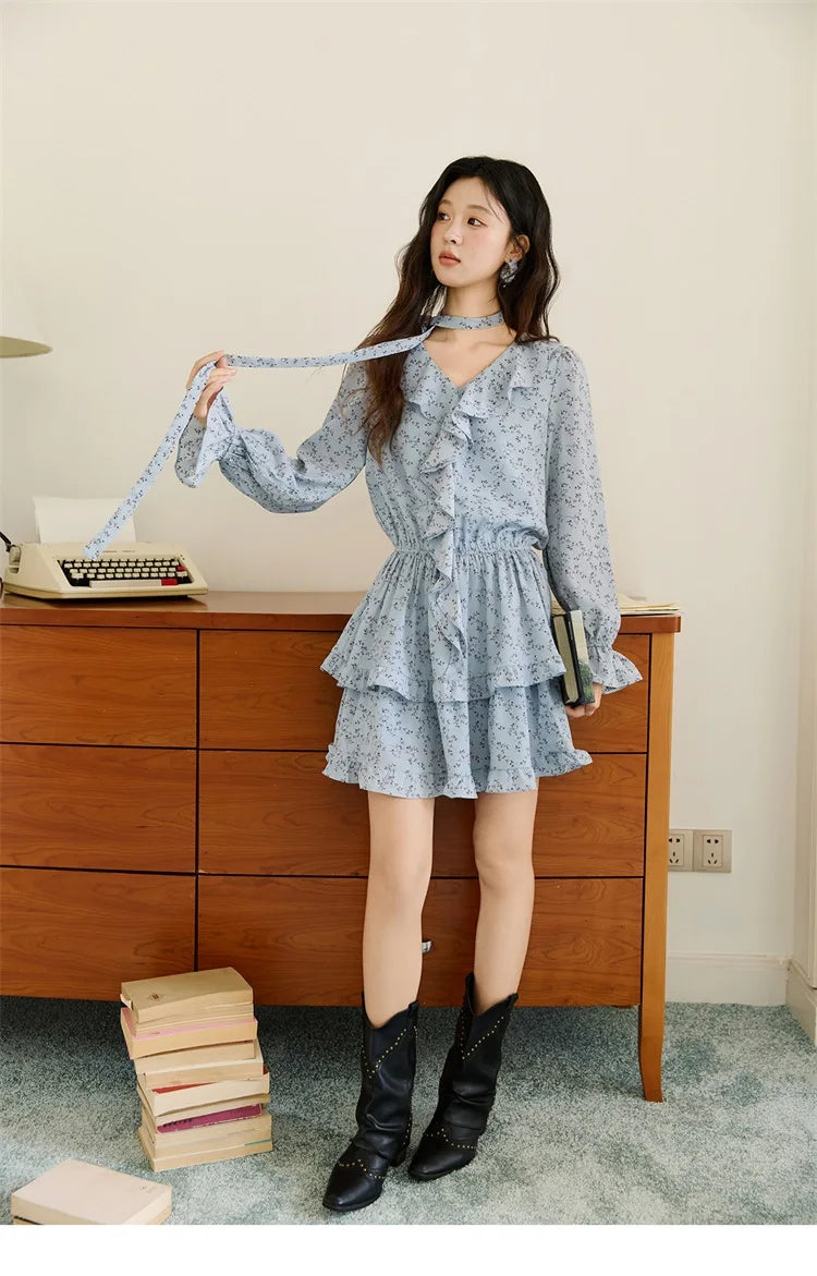 MISHOW Floral Dress for Women Cotton 2026 Spring Blue Luxury V-neck Ruffled Puff Sleeve Dress Party Midi Dress Woman MXE46L2517