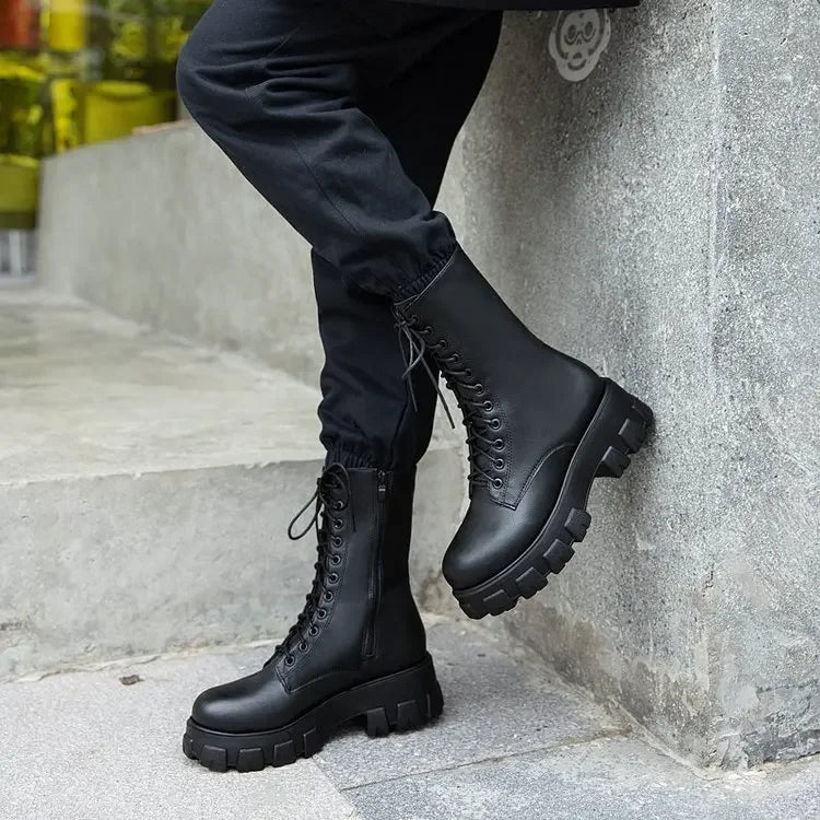 Platform Women's Ankle Boots Autumn 2023 Black White Thick Bottom Motorcycle Botas Mujer Pu Leather Non-Slip Combat Boots Women