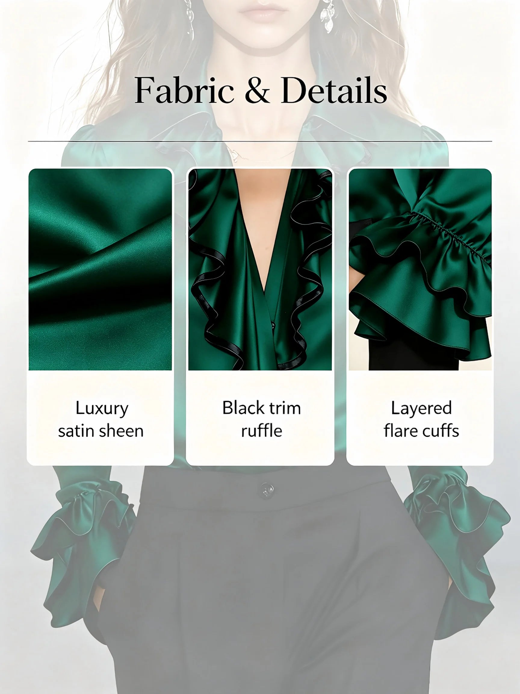 Elegant Satin Blouse for Women Lapel Ruffle Trim V‑Neck Long Flare Sleeve Office Work Shirt