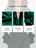 Elegant Satin Blouse for Women Lapel Ruffle Trim V‑Neck Long Flare Sleeve Office Work Shirt
