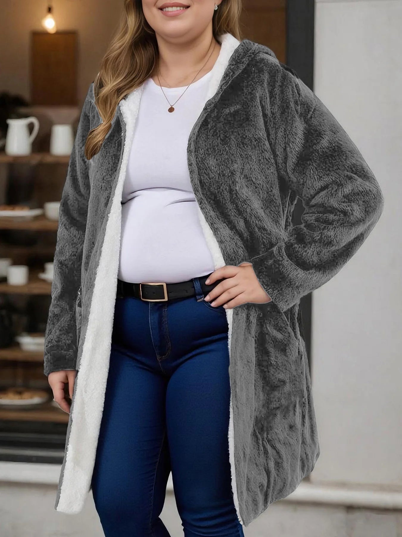Women Fuzzy Fleece Lined Hooded Long Open Cardigan Warm Sherpa Trim Mid Length Coat With Side Pockets Loose Winter Outerwear