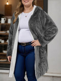 Women Fuzzy Fleece Lined Hooded Long Open Cardigan Warm Sherpa Trim Mid Length Coat With Side Pockets Loose Winter Outerwear