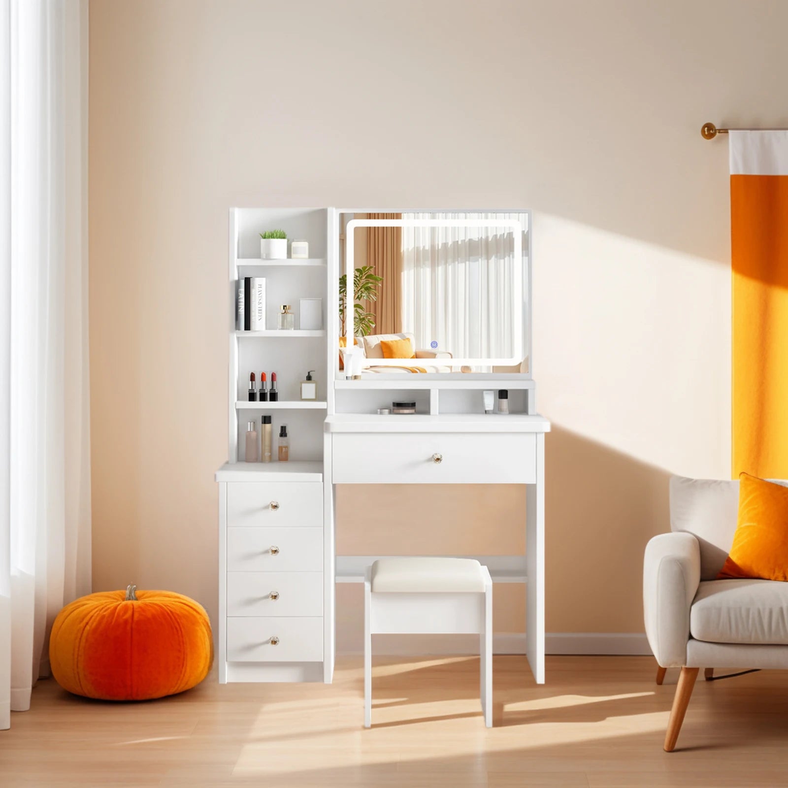 Vanity Desk Makeup Vanity Desk with Mirror and Lights, Makeup Vanity Set with Drawers, Stool and Open Shelves, 3 Color Lighting Modes Brightness Adjustable Dressing Table for Bedroom