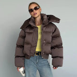 Winter Hooded Jacket Short Top Cropped Drawstring Waist Coat Woman Long Sleeve Warm Quilted Out Jackets Streetwear Lady Clothes