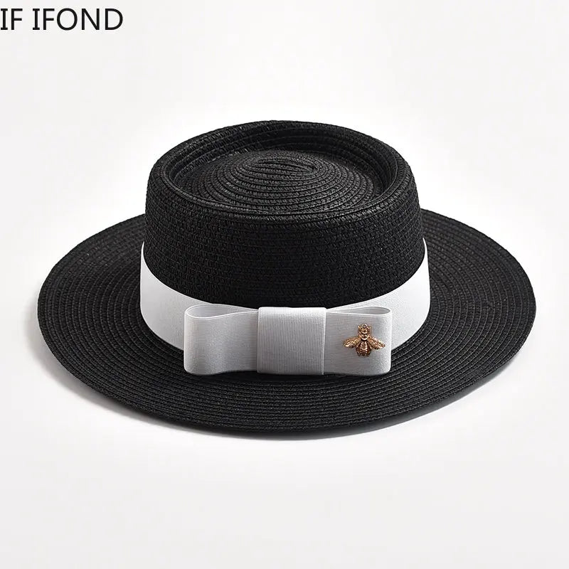 NEW Spring Summer Straw Hats for Women Round Bumpy Surface Flat Top Bowknot Dress Cap Travel Beach Sun Hat Gorra