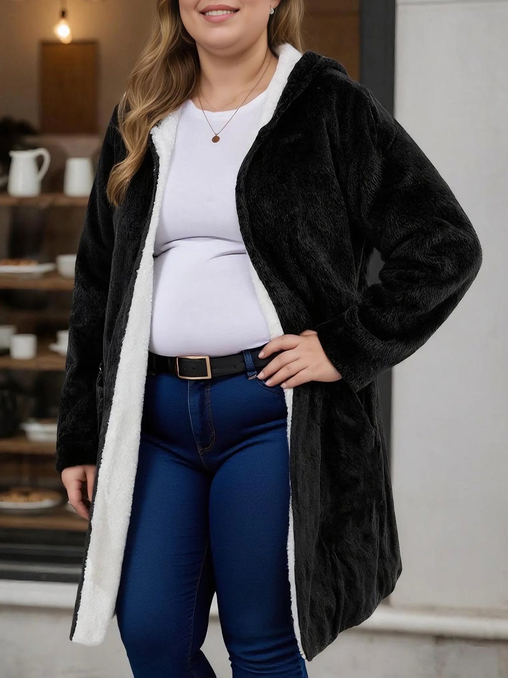 Women Fuzzy Fleece Lined Hooded Long Open Cardigan Warm Sherpa Trim Mid Length Coat With Side Pockets Loose Winter Outerwear