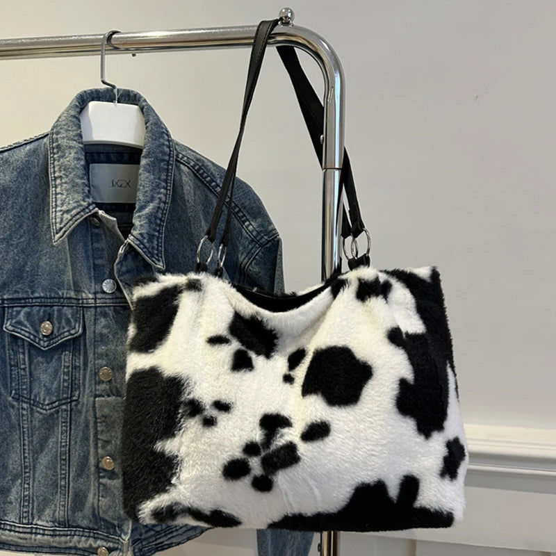 Large Capacity Shopper Bags For Women Winter Travel Tote Bag Cow Printing Plush Shoulder Bag Ladies Handbag Designer Bolsos
