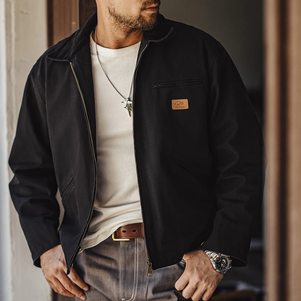 Maden Men's Retro J001 Detroit Jacket Heavyweight Canvas Hunting Coat Lapel Collar Work Jackets with Zipper for Spring Fall