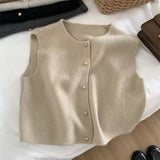 Crew Neck Women's Korean Solid Button Short Sleeve Cardigan Coats Sweater Knitted Sleeveless Ladies Elegant Tanks Bottoming