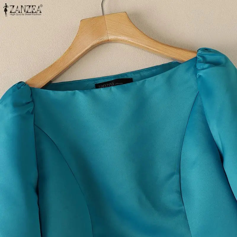 ZANZEA Elegant Princess Seams Satin Blouses Woman Boat Neck Puff Sleeves Solid Color Party Crop Tops Summer Graceful Blusa Mujer