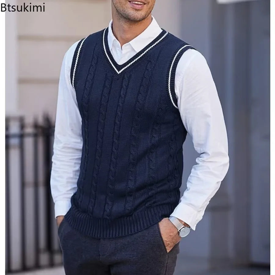 New Men's Knit V-Neck Sweater Vest Contrast Color Stripe Design Sleeveless Knitted Pullover Sweaters Men Smart Casual Waistcoats