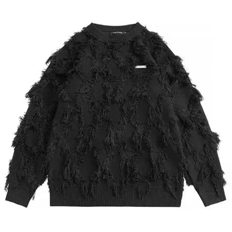 Winter Ripped Fringe Raw Edge Sweater For Men Hip Hop Fashion Knitted Pullovers Y2K Vintage Streetwear Knitwear Jersey Clothes