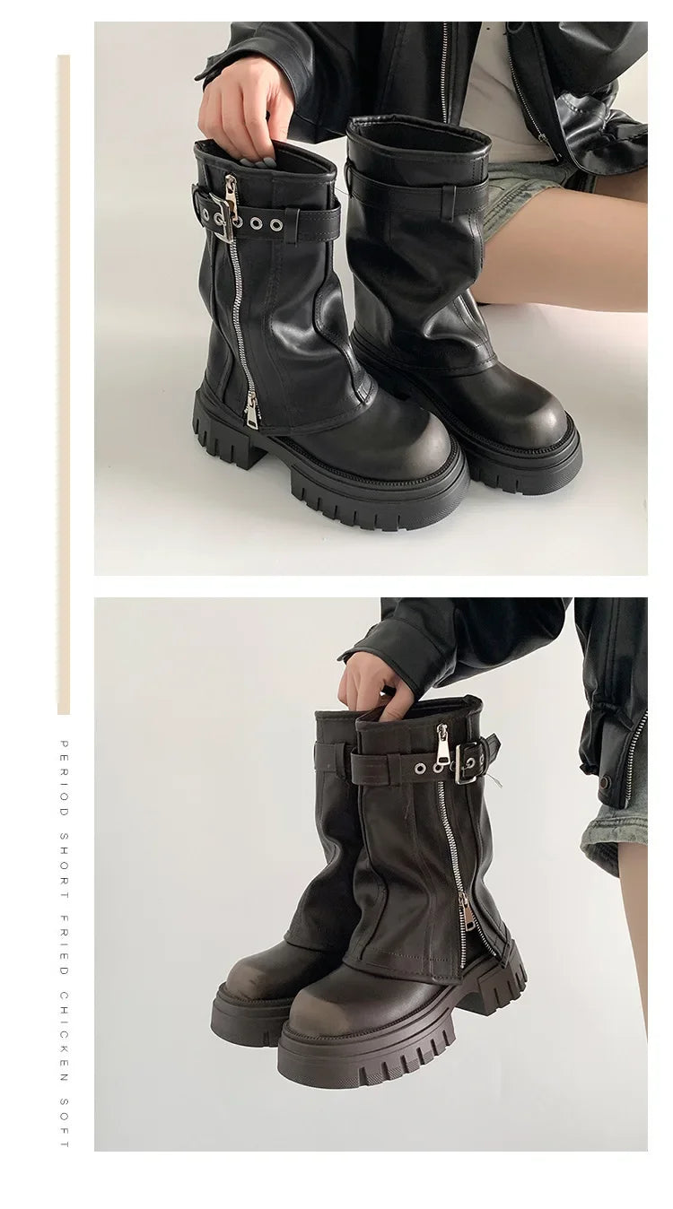 Winter Women Biker Boots Fashion Belt Buckle Ladies Elegant Platform Long Pipe Booties Casual Women's Knee High Booties2024