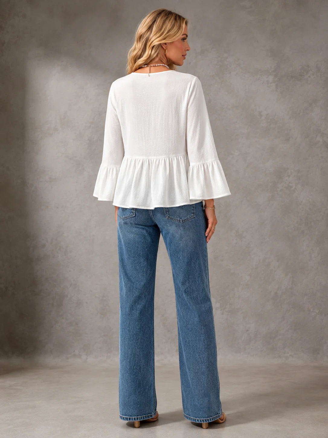 V Neck Bell Sleeve Blouses for Women Loose Fit Babydoll Tunic Tops Single Button Pleated Flowy Shirts Casual Daily Office Going‑Out Tunic