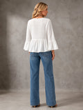 V Neck Bell Sleeve Blouses for Women Loose Fit Babydoll Tunic Tops Single Button Pleated Flowy Shirts Casual Daily Office Going‑Out Tunic