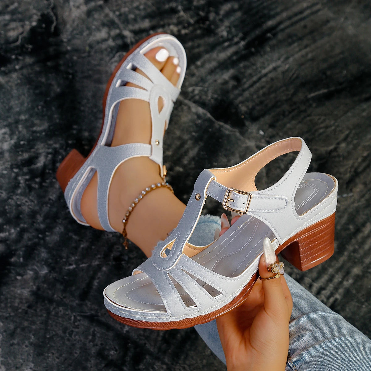 2026 Summer Plus Size 36-43 Sandals for Women, Stitched Thick High Heel, Comfortable Peep Toe, Single Strap Women's Sandals 43