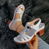 2026 Summer Plus Size 36-43 Sandals for Women, Stitched Thick High Heel, Comfortable Peep Toe, Single Strap Women's Sandals 43