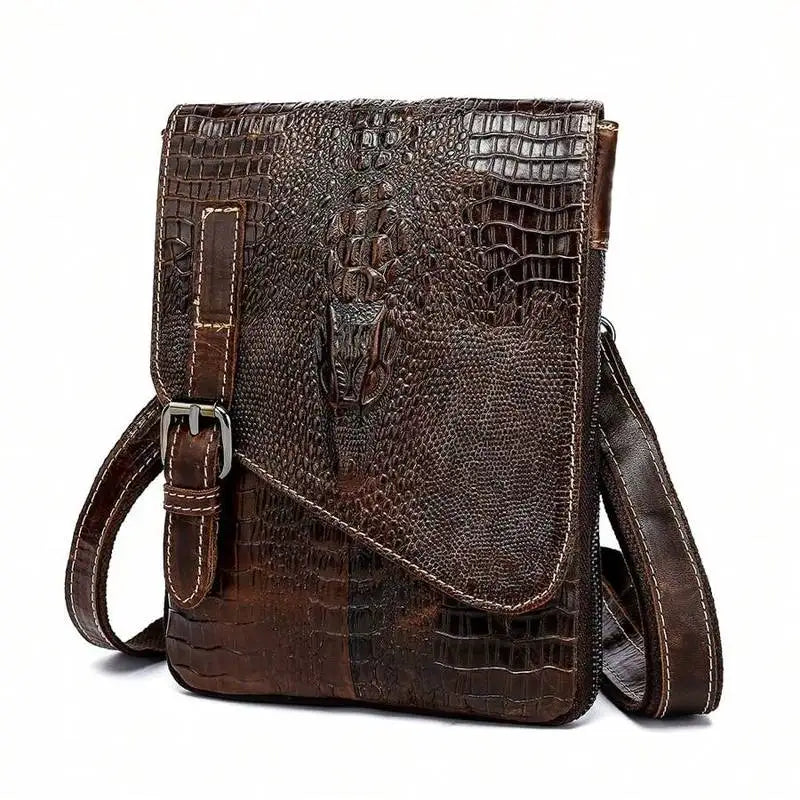 Flap‑over Business Men Crossbody Shoulder Bag, Crocodile Texture First Layer Cowhide Genuine Leather Messenger Bag for Office & Daily Commute