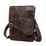Flap‑over Business Men Crossbody Shoulder Bag, Crocodile Texture First Layer Cowhide Genuine Leather Messenger Bag for Office & Daily Commute