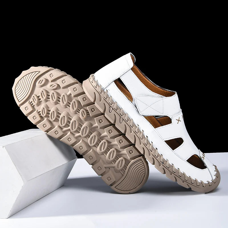 Outdoor Summer Man Sandals Stylish Leather Mens Beach Shoes Outdoor Men  Roman Flats Hollow Out Sandalias New Wading Aqua Shoes
