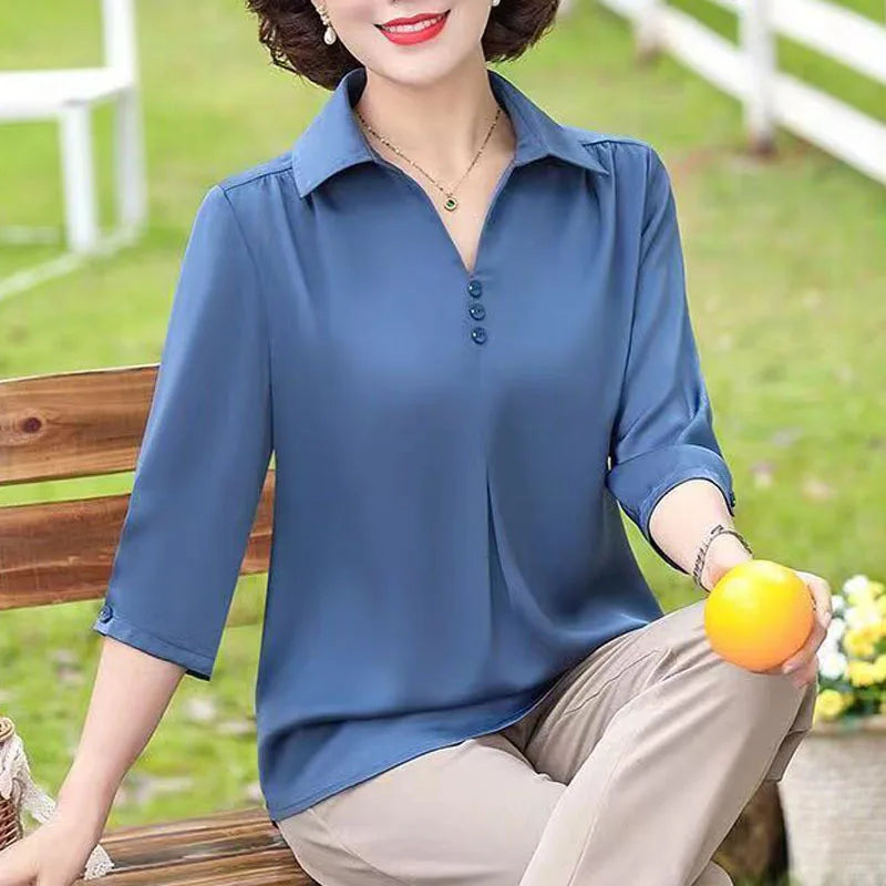 1pcs Woman Summer Solid Blouses Shirt Lady Thin Pullover Shirt Female Casual Half Sleeve Turn-down Collar Loose Top Mom Clothing